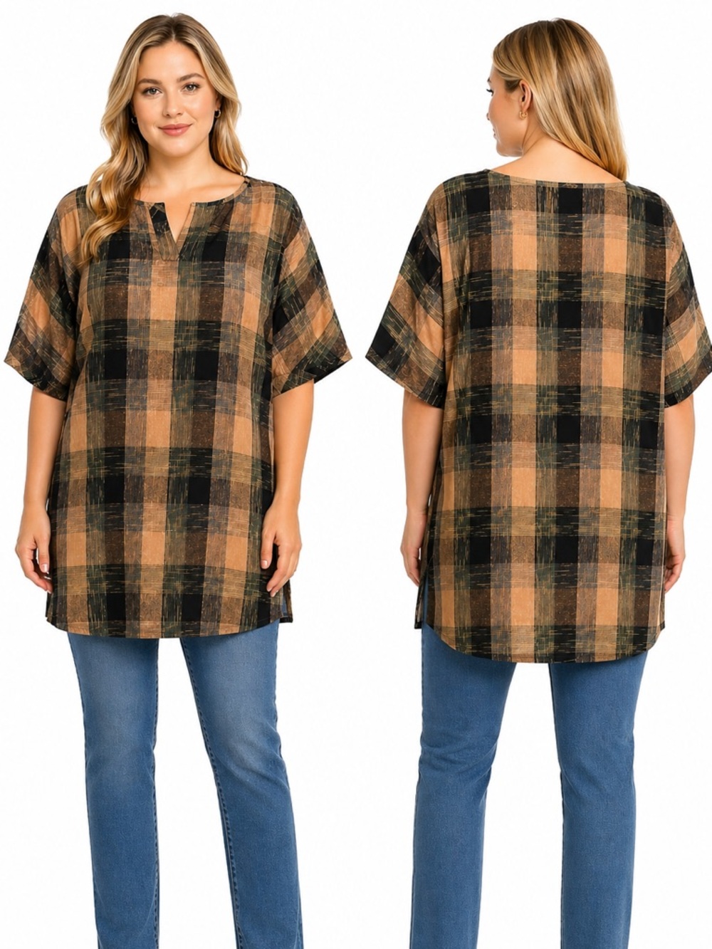 Simple by Suzanne Betro 100% Cotton Plaid Blouse XL Relaxed Fit Earth Tone Top